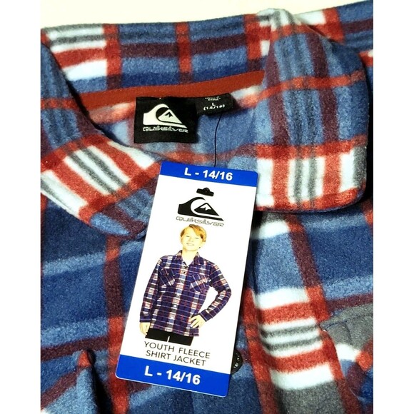 QUIKSILVER Youth Boy's L (14/16) Fleece Shirt Jacket Shacket Pockets Blue Plaid - Picture 11 of 12